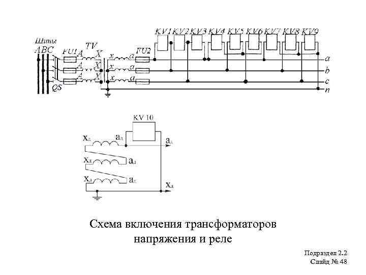 Схема включения трансформаторов напряжения и реле Подраздел 2. 2 Слайд № 48 