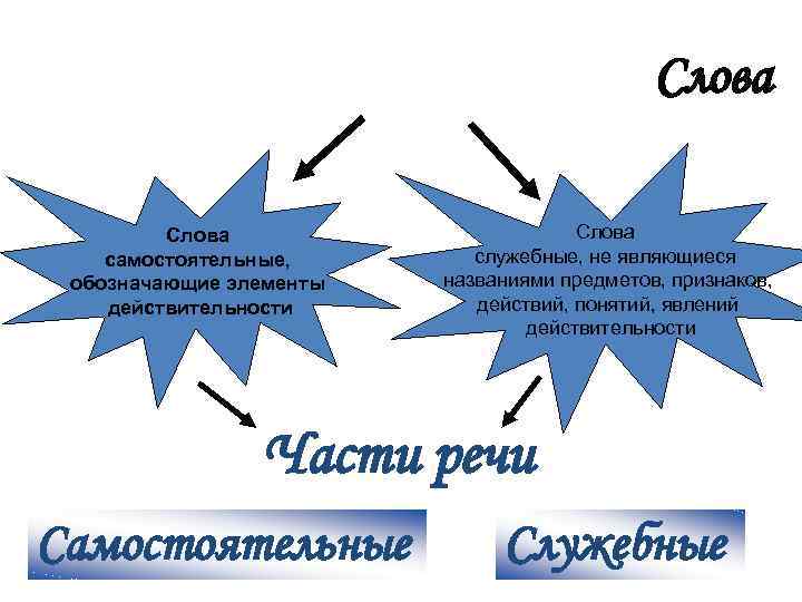 Слова самостоятельные, обозначающие элементы действительности Слова служебные, не являющиеся названиями предметов, признаков, действий, понятий,