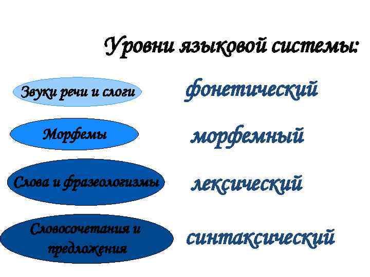 Уровни языковой системы: Звуки речи и слоги фонетический Морфемы морфемный Слова и фразеологизмы Словосочетания