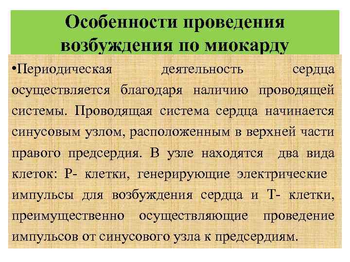 Особенности проведения возбуждения по миокарду • Периодическая деятельность сердца осуществляется благодаря наличию проводящей системы.