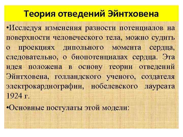 Теория отведений Эйнтховена • Исследуя изменения разности потенциалов на поверхности человеческого тела, можно судить