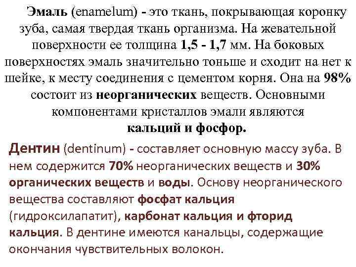 Эмаль (enamelum) - это ткань, покрывающая коронку зуба, самая твердая ткань организма. На жевательной