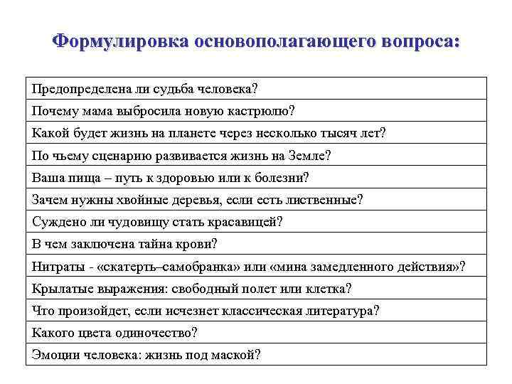 Формулировка основополагающего вопроса: Предопределена ли судьба человека? Почему мама выбросила новую кастрюлю? Какой будет