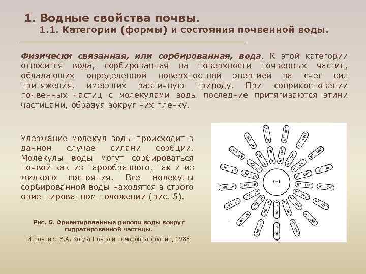 1. Водные свойства почвы. 1. 1. Категории (формы) и состояния почвенной воды. Физически связанная,