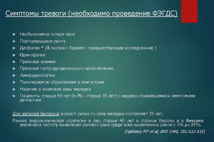 Симптомы тревоги (необходимо проведение ФЭГДС) Необъяснимая потеря веса Повторяющаяся рвота Дисфагия * (R-скопия с