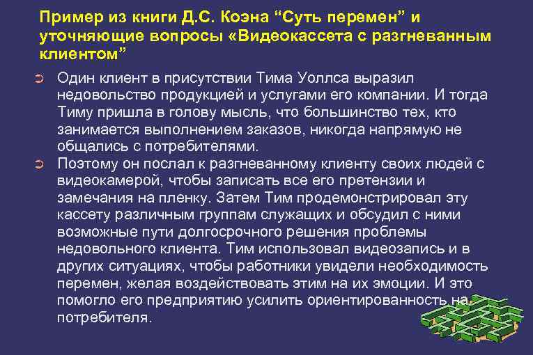 Пример из книги Д. С. Коэна “Суть перемен” и уточняющие вопросы «Видеокассета с разгневанным