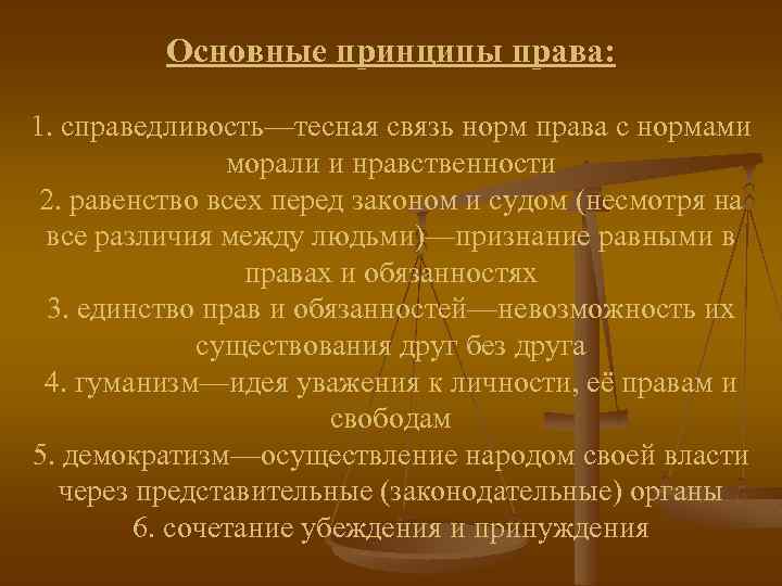 Основные принципы права: 1. справедливость—тесная связь норм права с нормами морали и нравственности 2.