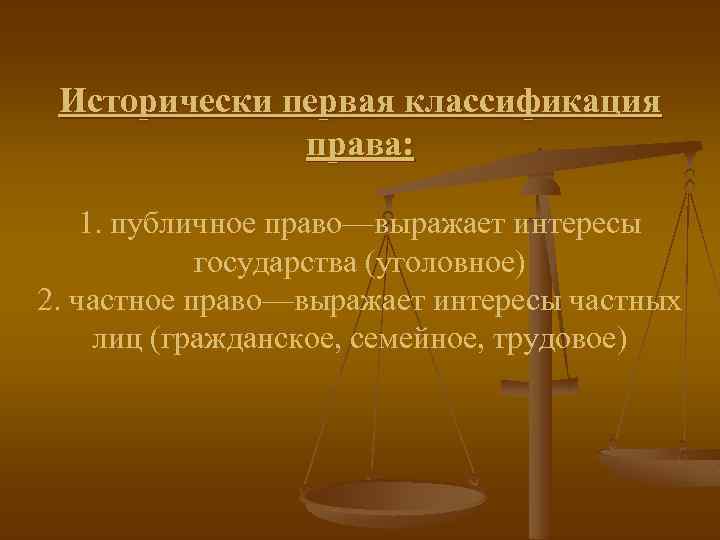 Исторически первая классификация права: 1. публичное право—выражает интересы государства (уголовное) 2. частное право—выражает интересы