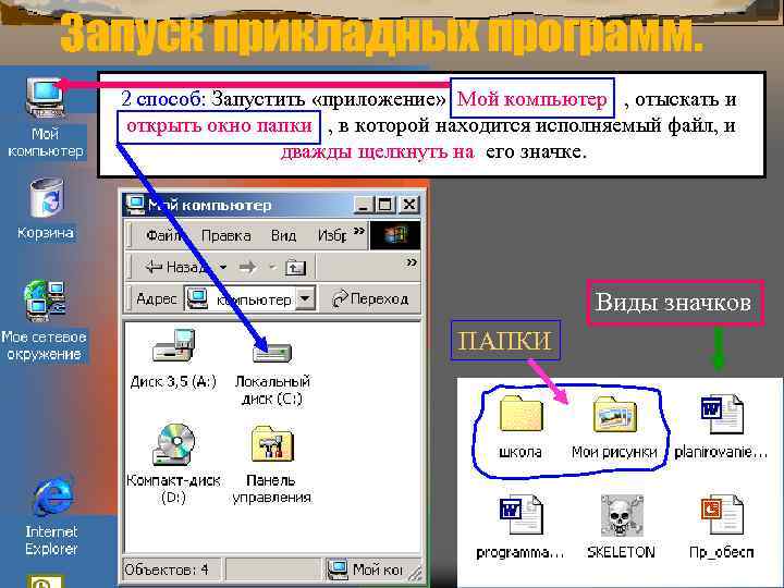 Запуск прикладных программ. 2 способ: Запустить «приложение» Мой компьютер , отыскать и открыть окно