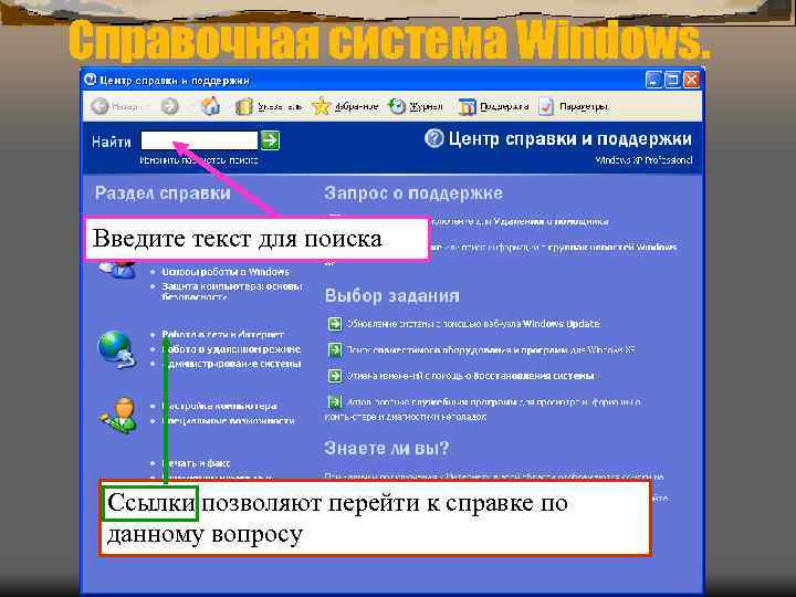 Справочная система Windows. Введите текст для поиска Ссылки позволяют перейти к справке по данному