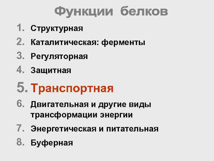 1.  Структурная 2.  Каталитическая: ферменты 3.  Регуляторная 4.  Защитная 5.