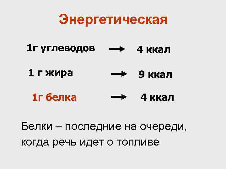  Энергетическая 1 г углеводов  4 ккал  1 г жира  9