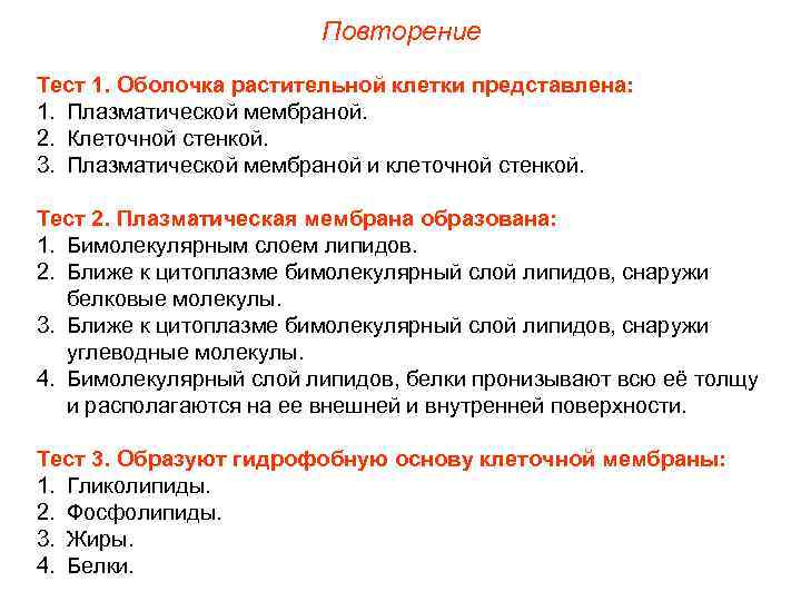     Повторение Тест 1. Оболочка растительной клетки представлена: 1. Плазматической мембраной.