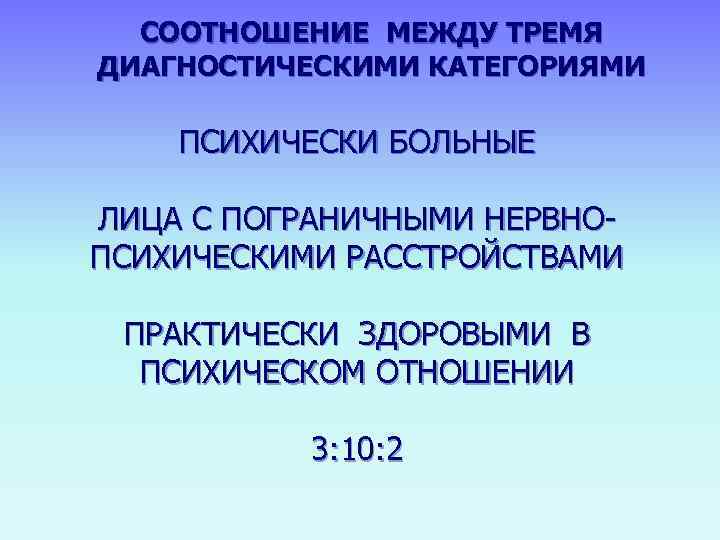  СООТНОШЕНИЕ МЕЖДУ ТРЕМЯ ДИАГНОСТИЧЕСКИМИ КАТЕГОРИЯМИ     ПСИХИЧЕСКИ БОЛЬНЫЕ ЛИЦА С