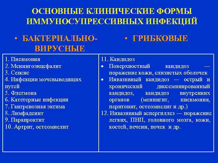   ОСНОВНЫЕ КЛИНИЧЕСКИЕ ФОРМЫ  ИММУНОСУПРЕССИВНЫХ ИНФЕКЦИЙ • БАКТЕРИАЛЬНО-    •