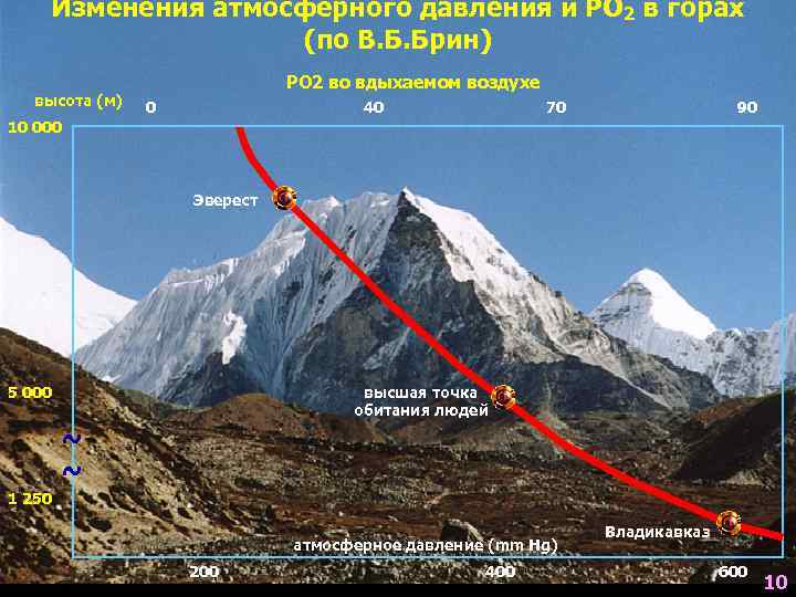   Изменения атмосферного давления и РО 2 в горах    (по
