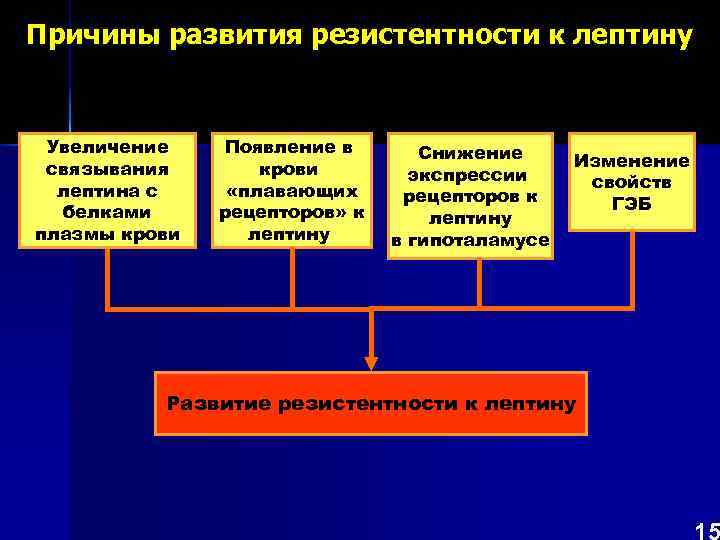 Причины развития резистентности к лептину  Увеличение  Появление в  Снижение связывания 