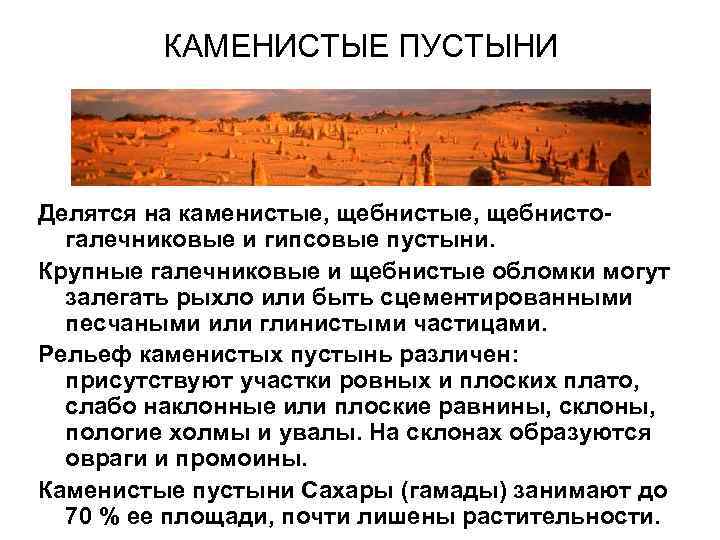 КАМЕНИСТЫЕ ПУСТЫНИ Делятся на каменистые, щебнисто- галечниковые и гипсовые пустыни. КАМЕНИСТЫЕ ПУСТЫНИ Делятся на каменистые, щебнисто- галечниковые и гипсовые пустыни.