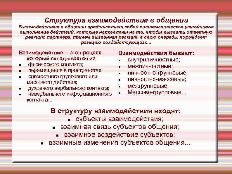   Структура взаимодействия в общении Взаимодействие в общении представляет собой систематическое устойчивое выполнение