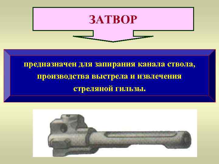     ЗАТВОР  предназначен для запирания канала ствола, производства выстрела и