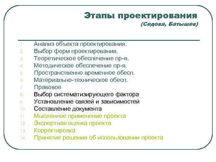      Этапы проектирования    (Седова, Батышев)  1.