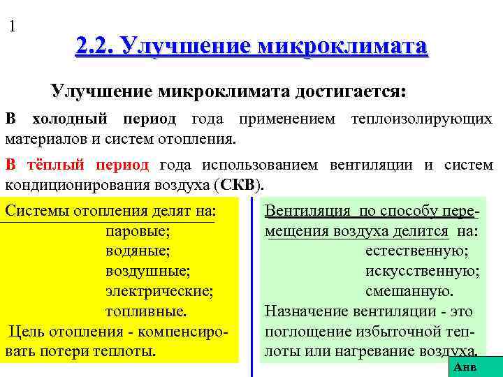 1   2. 2. Улучшение микроклимата достигается: В холодный период года применением теплоизолирующих