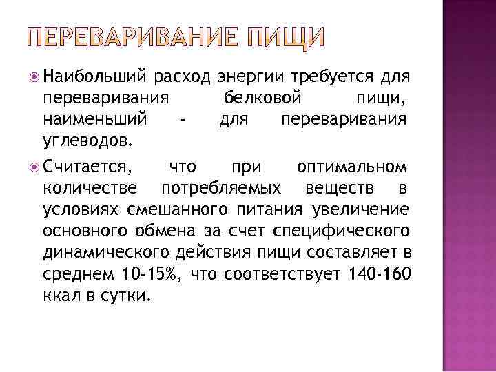  Наибольший  расход энергии требуется для  переваривания   белковой пищи, 