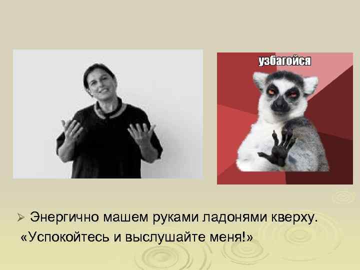 Ø Энергично машем руками ладонями кверху.  «Успокойтесь и выслушайте меня!» 