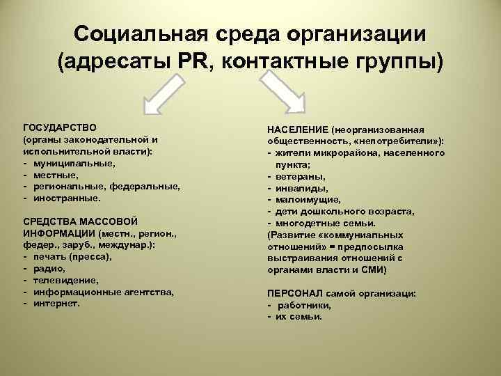   Социальная среда организации  (адресаты PR, контактные группы) ГОСУДАРСТВО   