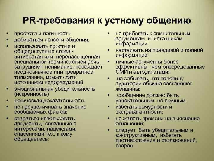   PR-требования к устному общению •  простота и логичность   