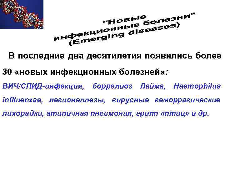  В последние два десятилетия появились более 30 «новых инфекционных болезней» : ВИЧ/СПИД-инфекция, 