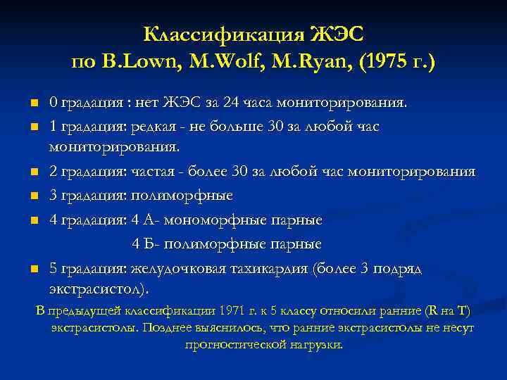    Классификация ЖЭС  по B. Lown, M. Wolf, M. Ryan, (1975
