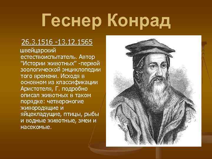    Геснер Конрад  26. 3. 1516 -13. 12. 1565 швейцарский естествоиспытатель.