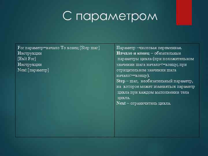      С параметром For параметр=начало To конец [Step шаг] 