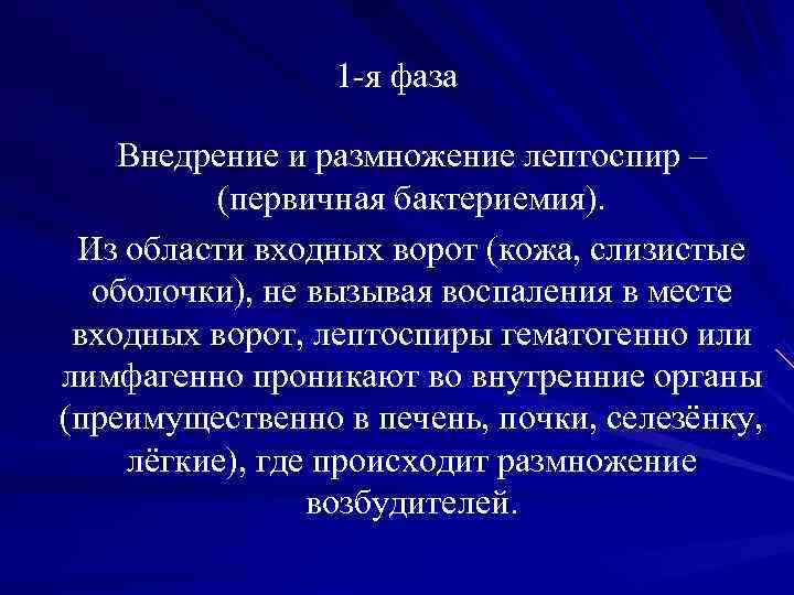 1 -я фаза Внедрение и размножение лептоспир – (первичная бактериемия). 1 -я фаза Внедрение и размножение лептоспир – (первичная бактериемия).
