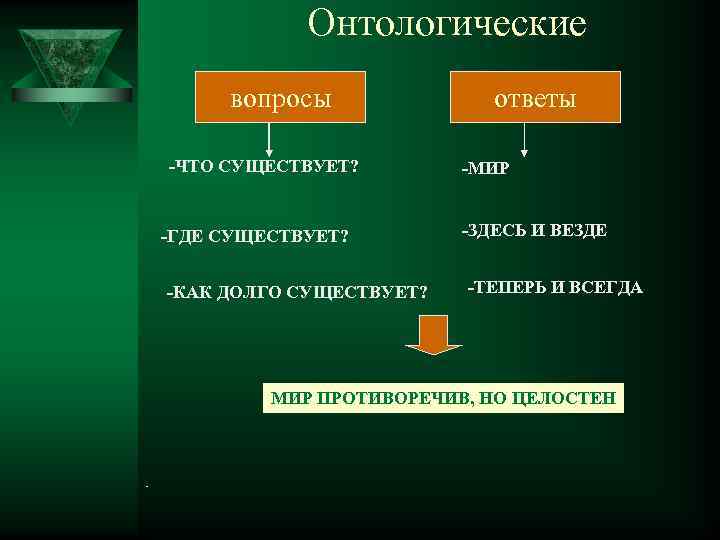     Онтологические  вопросы    ответы -ЧТО СУЩЕСТВУЕТ? 