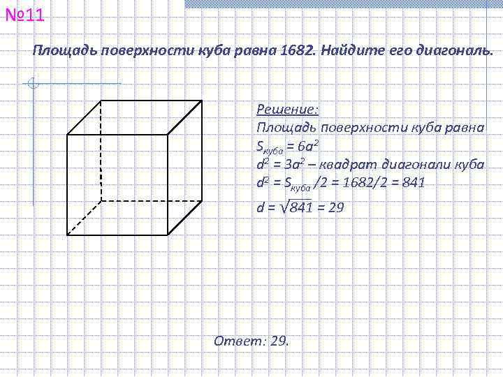 № 11 Площадь поверхности куба равна 1682. Найдите его диагональ.    