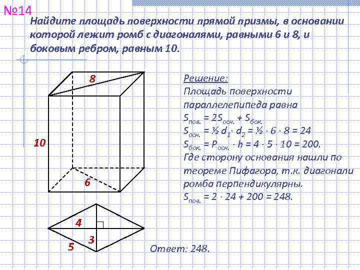 № 14  Найдите площадь поверхности прямой призмы, в основании  которой лежит ромб
