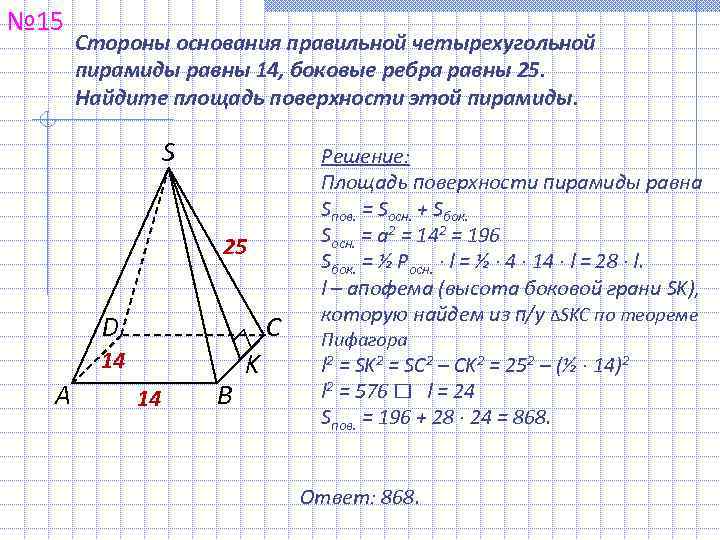 № 15  Стороны основания правильной четырехугольной  пирамиды равны 14, боковые ребра равны