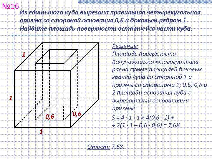 № 16  Из единичного куба вырезана правильная четырехугольная  призма со стороной основания