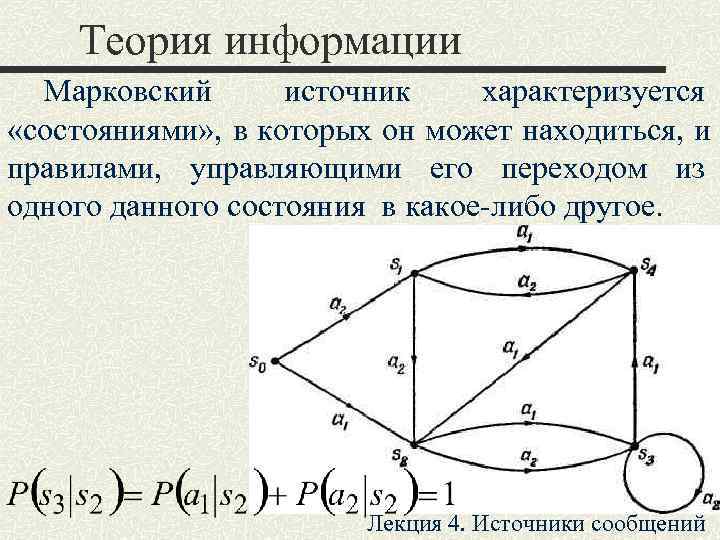   Теория информации  Марковский  источник характеризуется  «состояниями» , в которых
