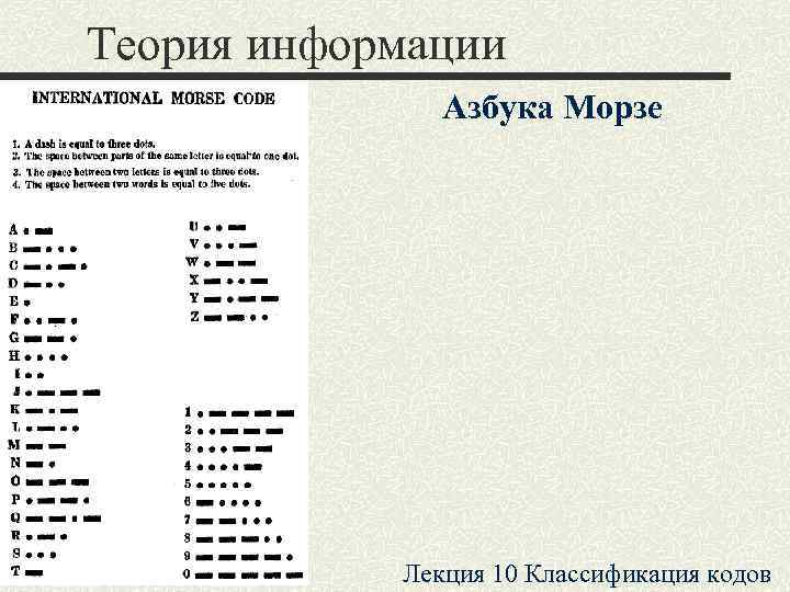 Теория информации    Азбука Морзе   Лекция 10 Классификация кодов 