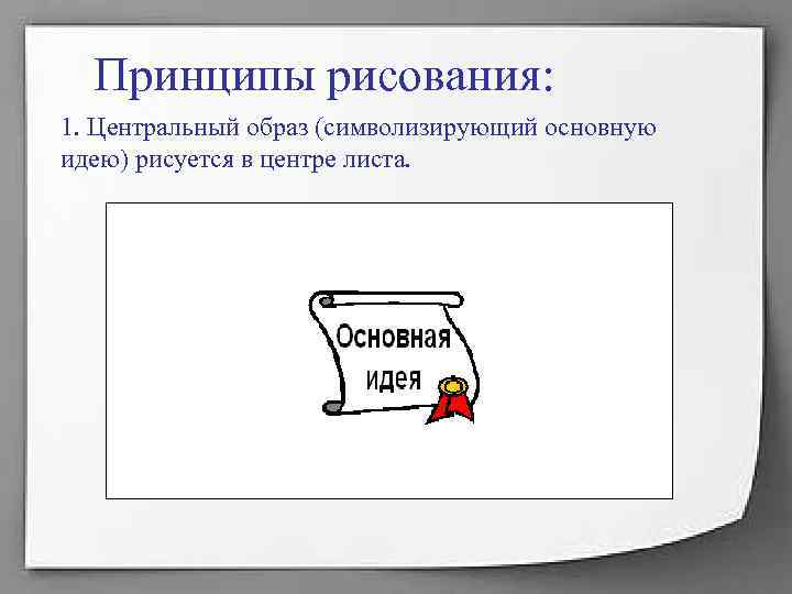 Принципы рисования: 1. Центральный образ (символизирующий основную идею) рисуется в центре листа. Принципы рисования: 1. Центральный образ (символизирующий основную идею) рисуется в центре листа.