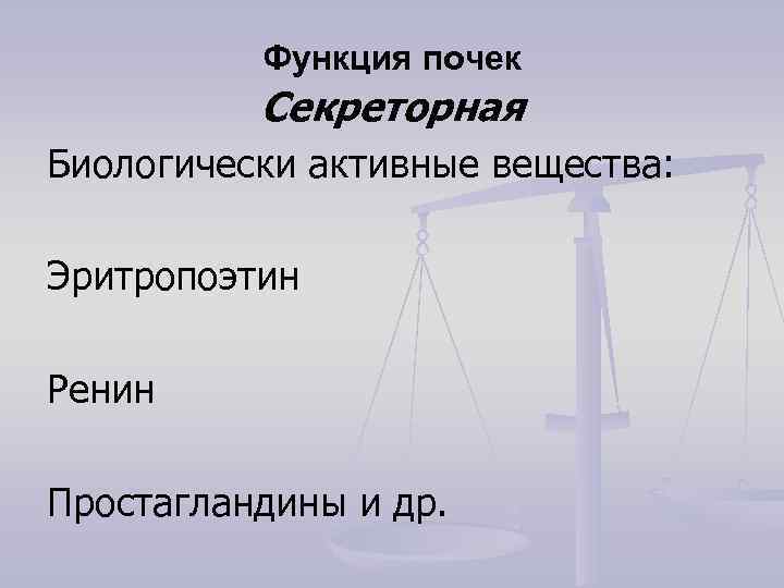    Функция почек  Секреторная Биологически активные вещества:  Эритропоэтин Ренин Простагландины