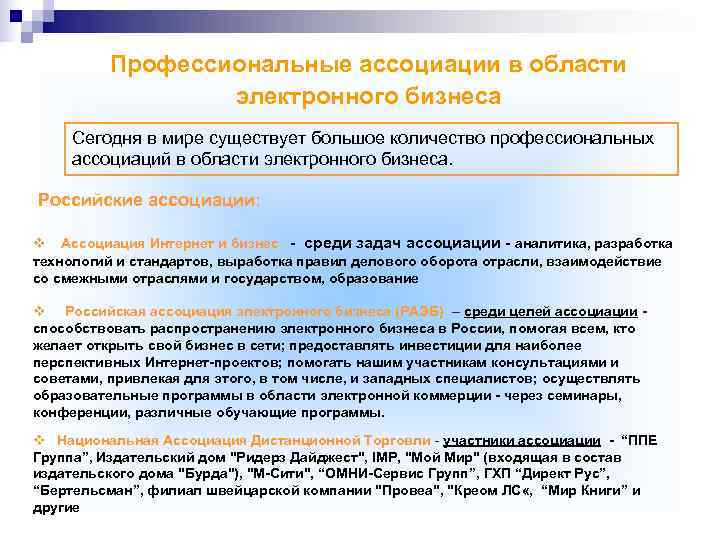    Профессиональные ассоциации в области    электронного бизнеса  Сегодня