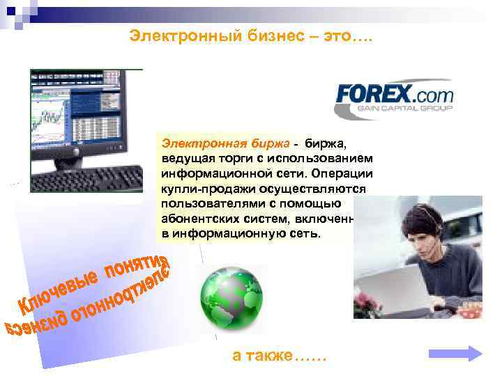 Электронный бизнес – это….   Электронная биржа - биржа, ведущая торги с использованием