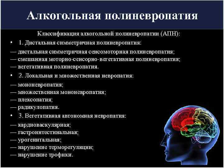  Алкогольная полиневропатия   Классификация алкогольной полиневропатии (АПН):  • 1. Дистальная симметричная