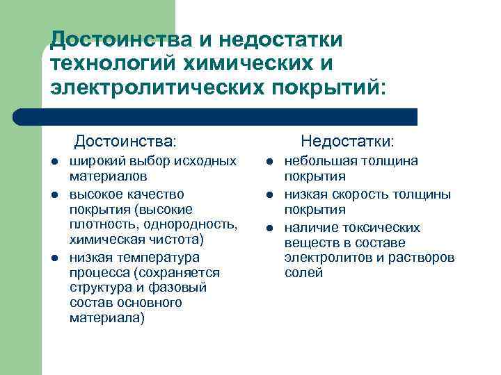 Достоинства и недостатки технологий химических и электролитических покрытий:   Достоинства:   