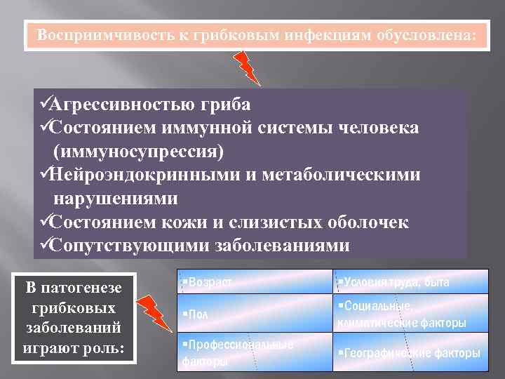  Восприимчивость к грибковым инфекциям обусловлена: üАгрессивностью гриба üСостоянием иммунной системы человека  (иммуносупрессия)