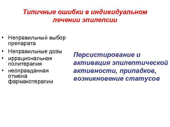  Типичные ошибки в индивидуальном   лечении эпилепсии  • Неправильный выбор 